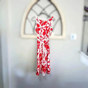 *NWT* Adrianna Papell Linen Aline Belted Floral Red & Cream Beaded Dress Sz 6
